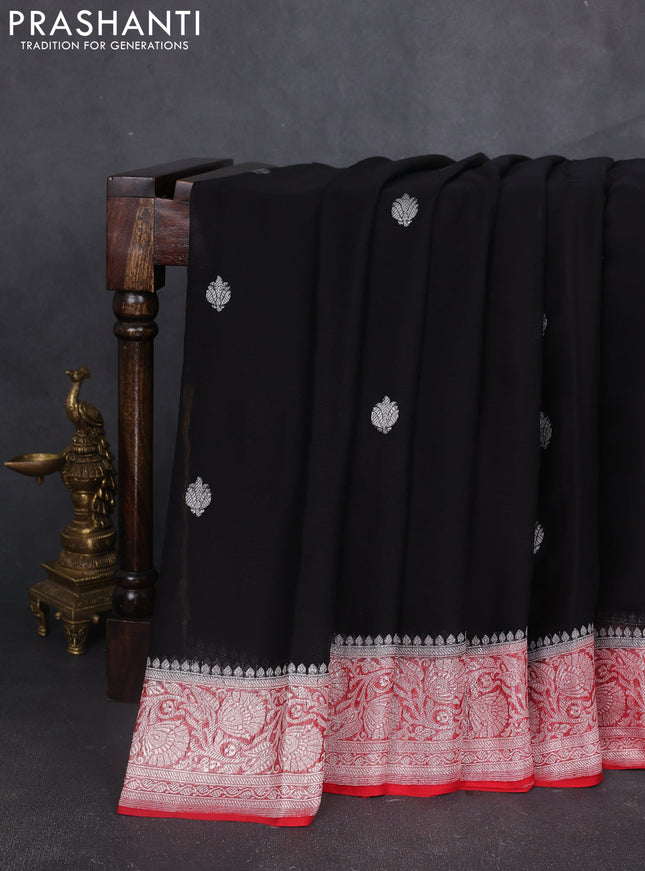 Banarasi chiffon saree black and red with silver zari woven buttas and floral silver zari woven border
