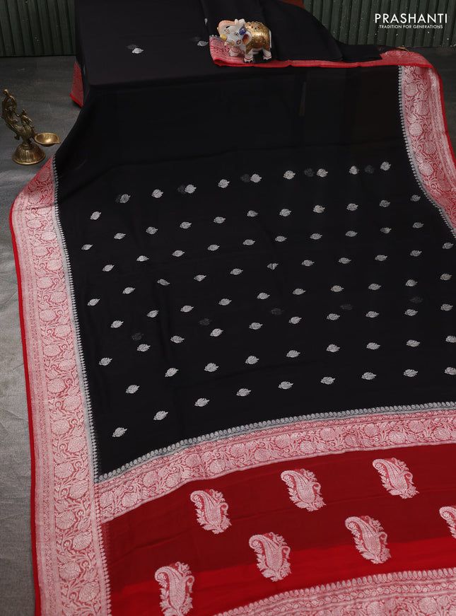 Banarasi chiffon saree black and red with silver zari woven buttas and floral silver zari woven border