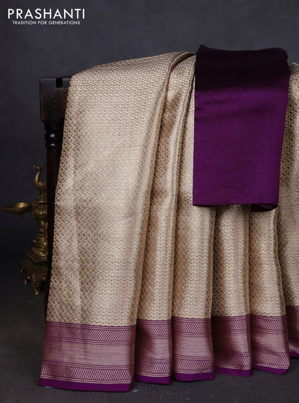 Banarasi tissue silk saree beige and purple with allover zari woven brocade weaves and zari woven border