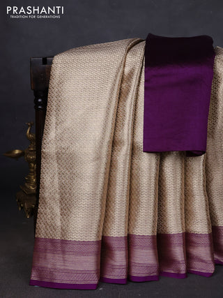 Banarasi tissue silk saree beige and purple with allover zari woven brocade weaves and zari woven border