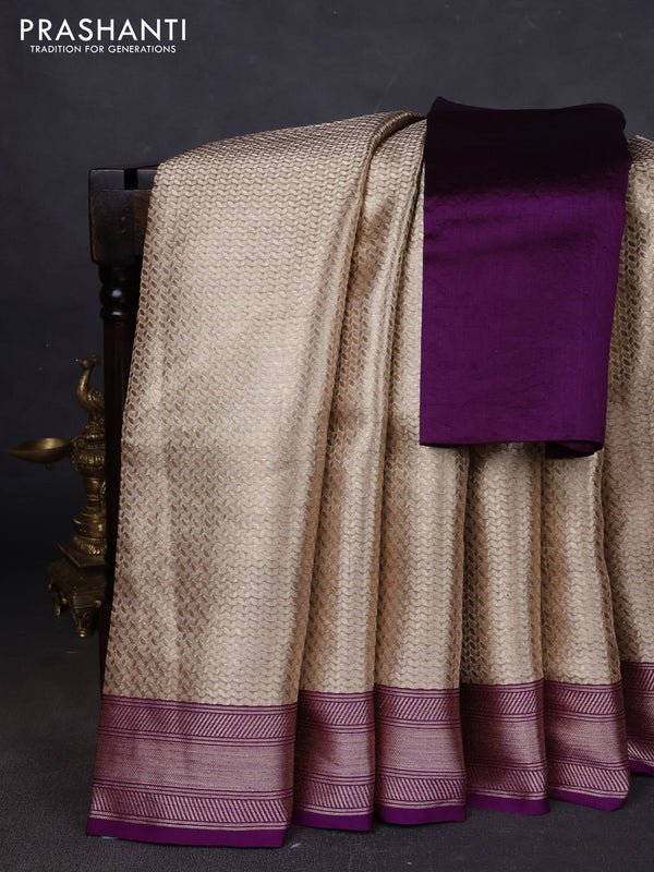 Banarasi tissue silk saree beige and purple with allover zari woven brocade weaves and zari woven border