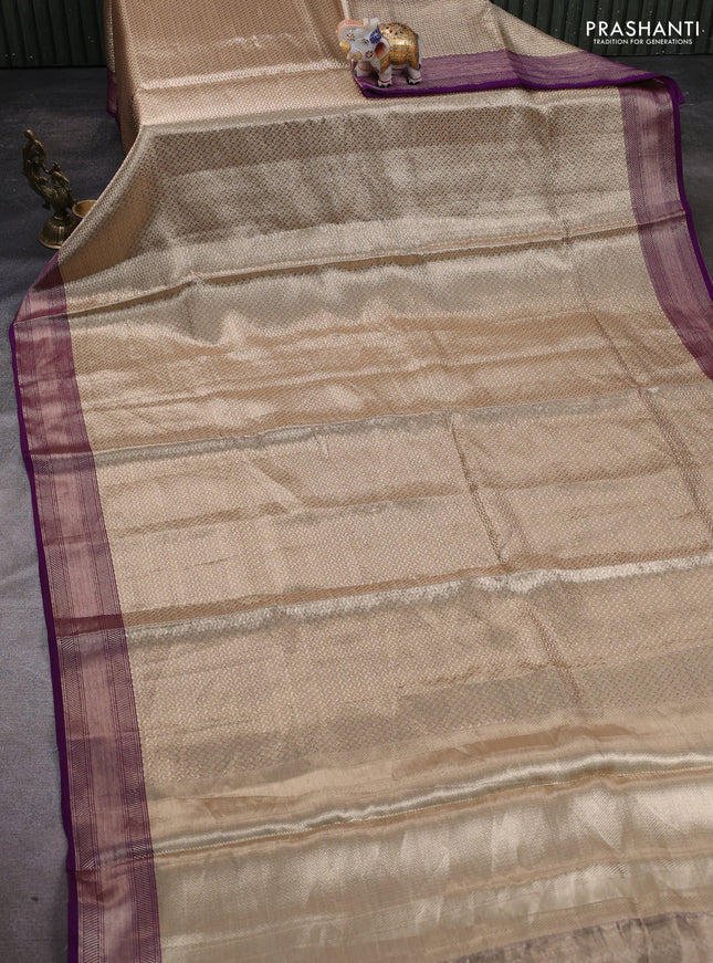 Banarasi tissue silk saree beige and purple with allover zari woven brocade weaves and zari woven border