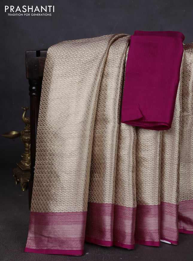 Banarasi tissue silk saree beige and pink with allover zari woven brocade weaves and zari woven border