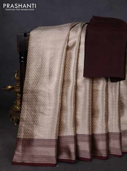 Banarasi tissue silk saree beige and coffee brown with allover zari woven brocade weaves and zari woven border