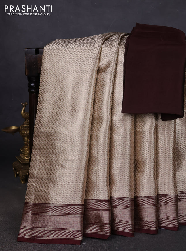 Banarasi tissue silk saree beige and coffee brown with allover zari woven brocade weaves and zari woven border