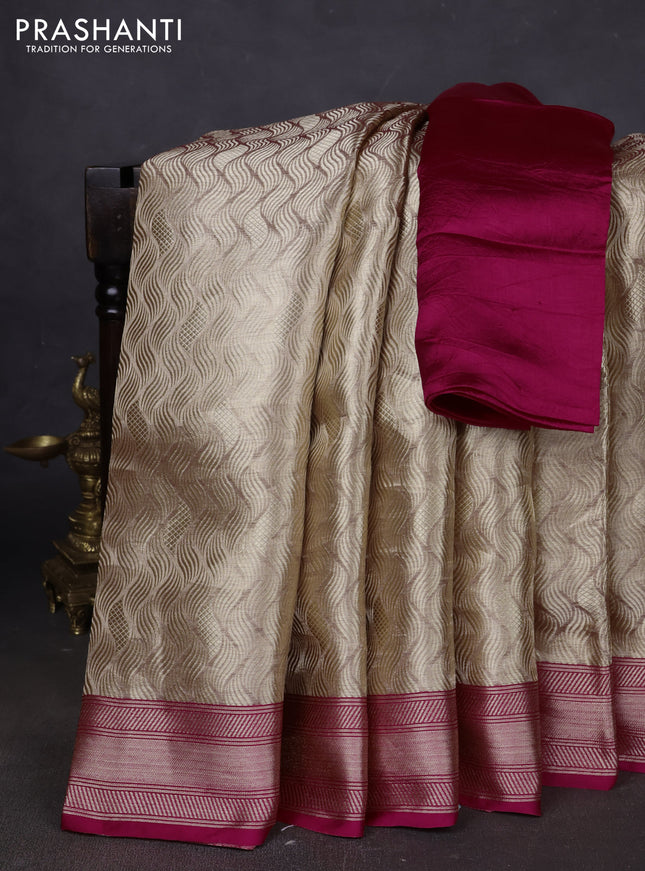 Banarasi tissue silk saree beige and pink with allover zari woven brocade weaves and zari woven border