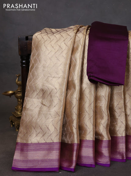 Banarasi tissue silk saree beige and purple with allover zari woven brocade weaves and zari woven border