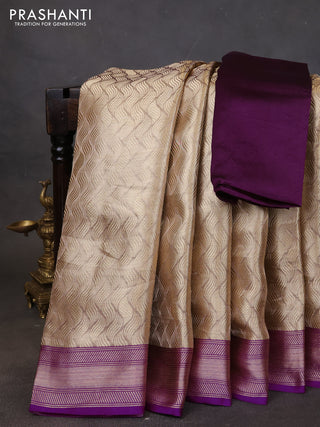 Banarasi tissue silk saree beige and purple with allover zari woven brocade weaves and zari woven border