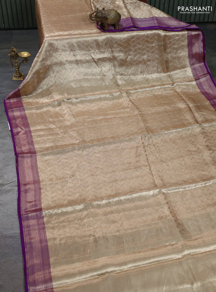 Banarasi tissue silk saree beige and purple with allover zari woven brocade weaves and zari woven border