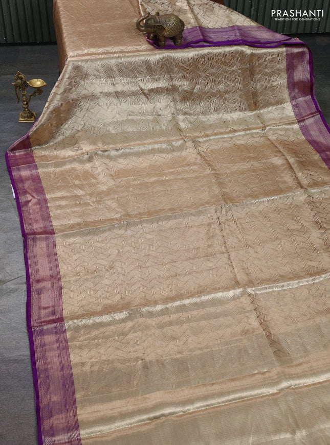 Banarasi tissue silk saree beige and purple with allover zari woven brocade weaves and zari woven border