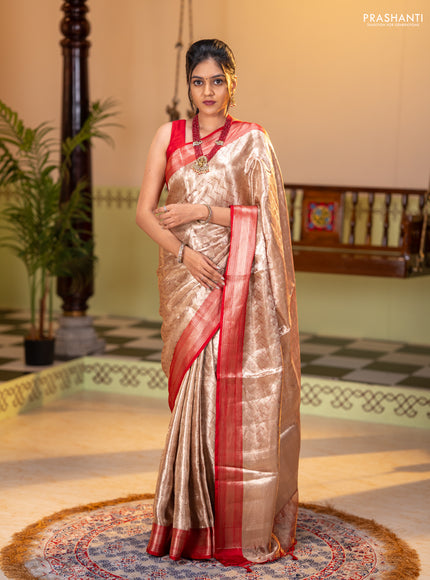 Banarasi tissue silk saree beige and red with allover zari woven brocade weaves and zari woven border