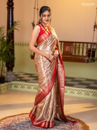 Banarasi tissue silk saree beige and red with allover zari woven brocade weaves and zari woven border