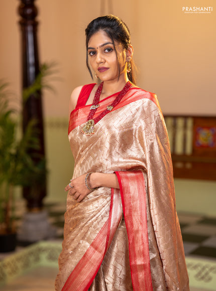 Banarasi tissue silk saree beige and red with allover zari woven brocade weaves and zari woven border