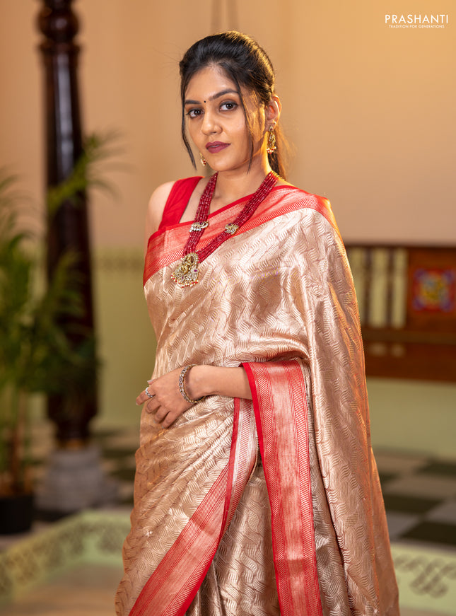 Banarasi tissue silk saree beige and red with allover zari woven brocade weaves and zari woven border