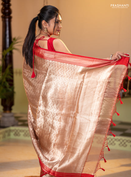 Banarasi tissue silk saree beige and red with allover zari woven brocade weaves and zari woven border