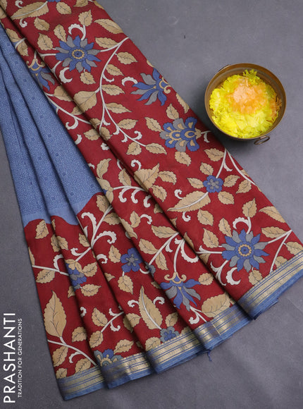 Muslin silk saree greyish blue and maroon with allover prints and long kalamkari printed zari border