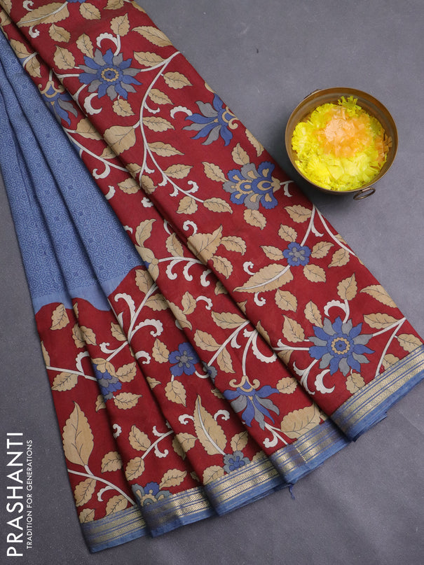 Muslin silk saree greyish blue and maroon with allover prints and long kalamkari printed zari border