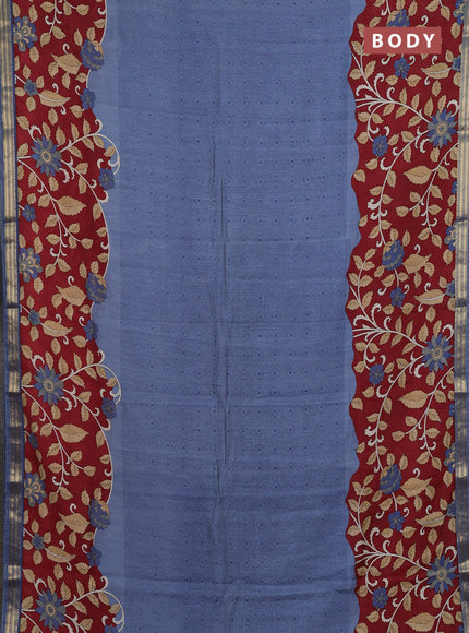 Muslin silk saree greyish blue and maroon with allover prints and long kalamkari printed zari border