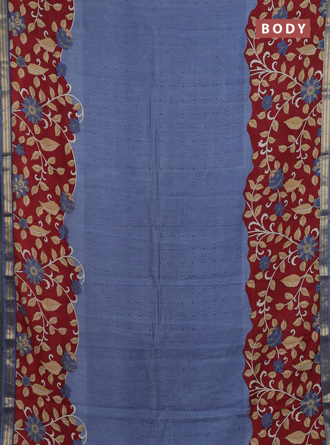 Muslin silk saree greyish blue and maroon with allover prints and long kalamkari printed zari border