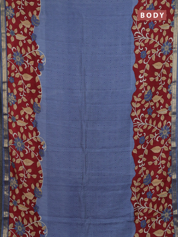 Muslin silk saree greyish blue and maroon with allover prints and long kalamkari printed zari border