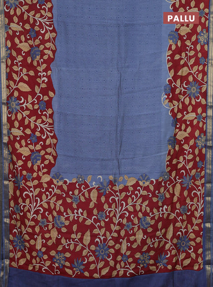 Muslin silk saree greyish blue and maroon with allover prints and long kalamkari printed zari border