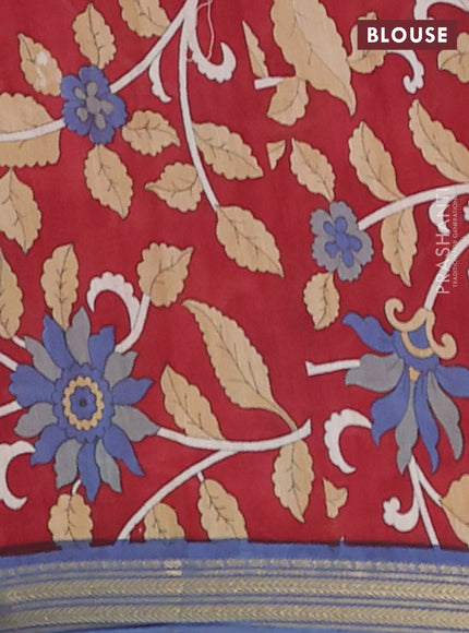 Muslin silk saree greyish blue and maroon with allover prints and long kalamkari printed zari border