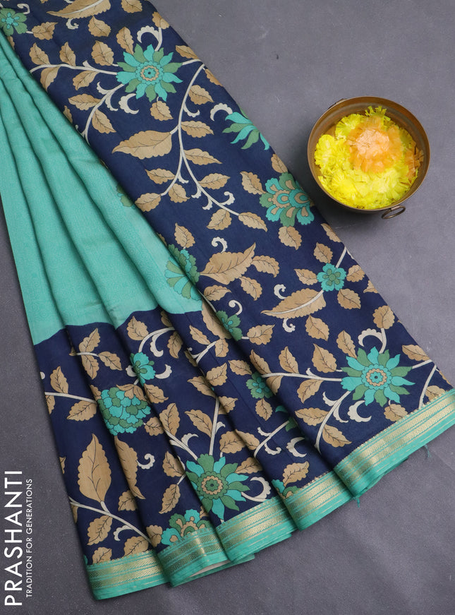 Muslin silk saree teal green shade and navy blue with allover prints and long kalamkari printed zari border