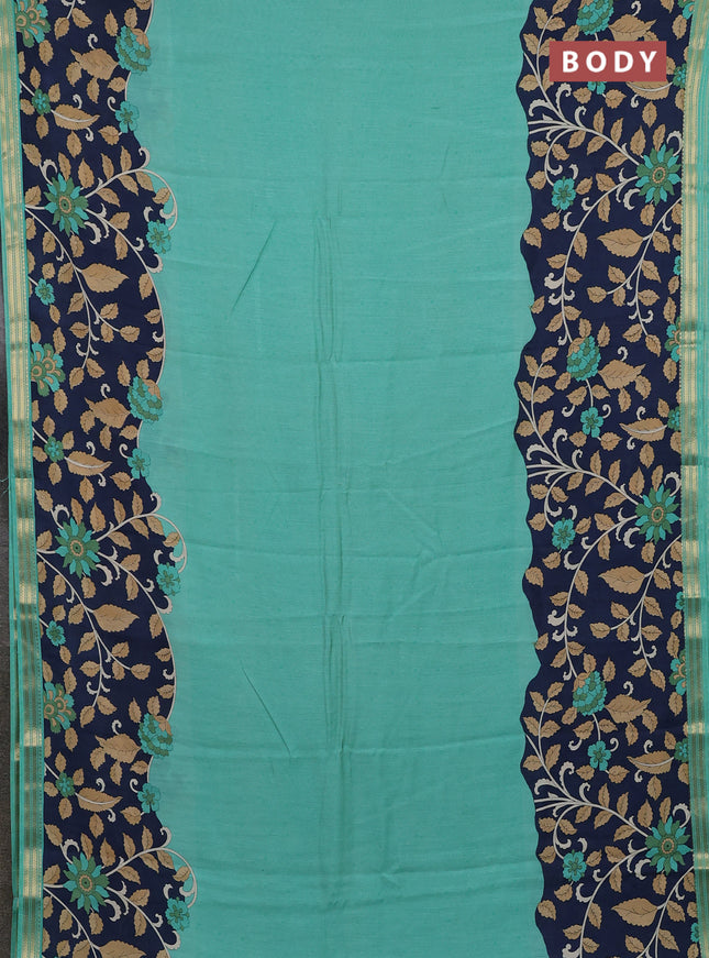Muslin silk saree teal green shade and navy blue with allover prints and long kalamkari printed zari border