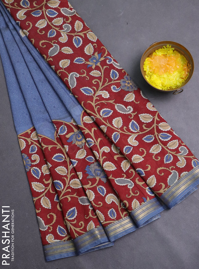 Muslin silk saree greyish blue and maroon with allover prints and long kalamkari printed zari border