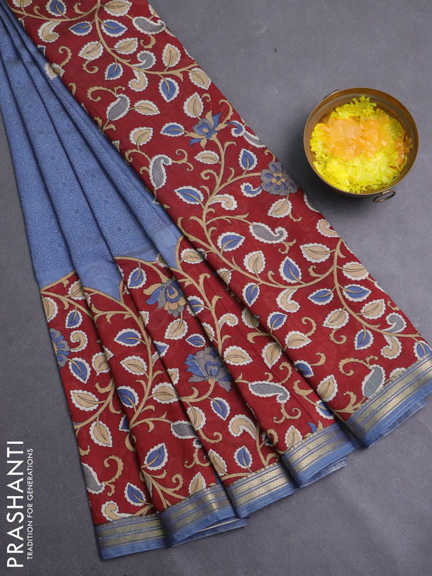 Muslin silk saree greyish blue and maroon with allover prints and long kalamkari printed zari border