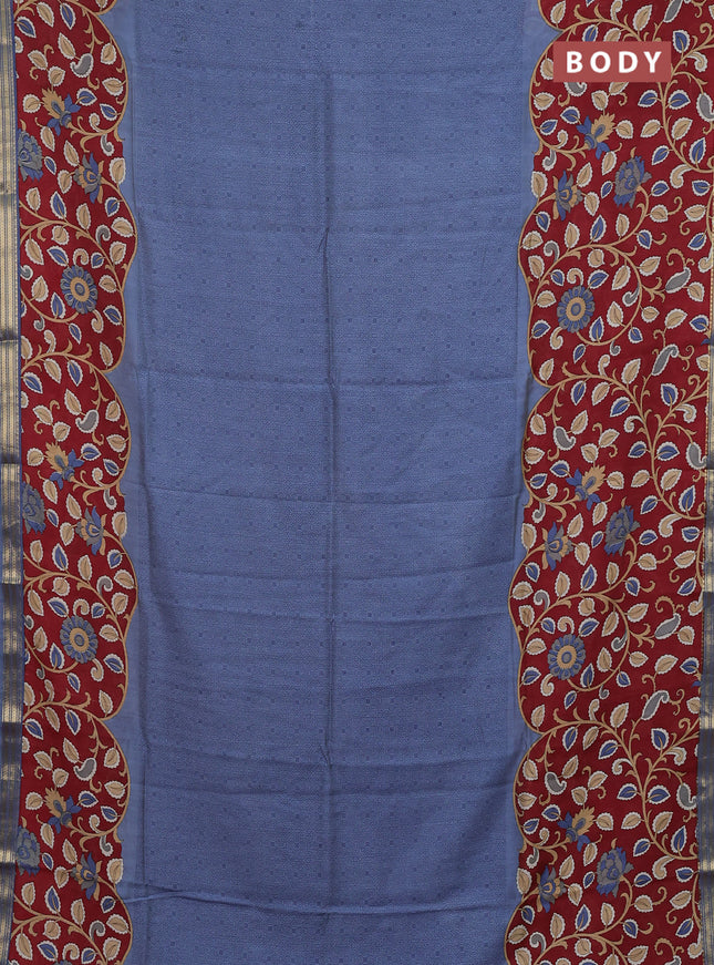 Muslin silk saree greyish blue and maroon with allover prints and long kalamkari printed zari border