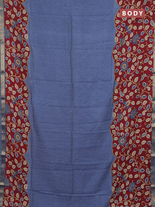 Muslin silk saree greyish blue and maroon with allover prints and long kalamkari printed zari border