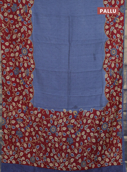 Muslin silk saree greyish blue and maroon with allover prints and long kalamkari printed zari border