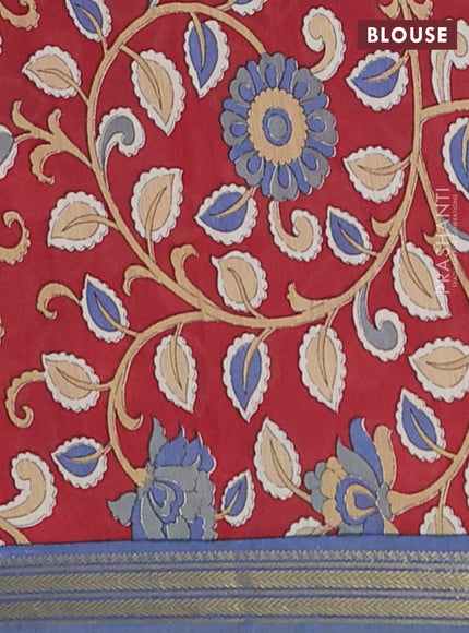 Muslin silk saree greyish blue and maroon with allover prints and long kalamkari printed zari border