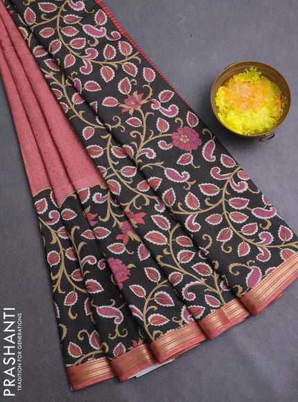 Muslin silk saree peach shade and black with allover prints and long kalamkari printed zari border
