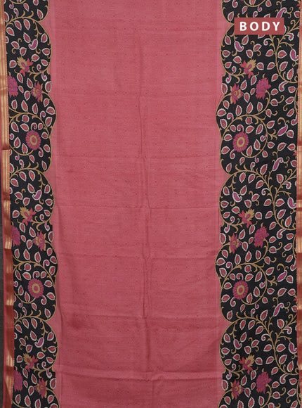 Muslin silk saree peach shade and black with allover prints and long kalamkari printed zari border