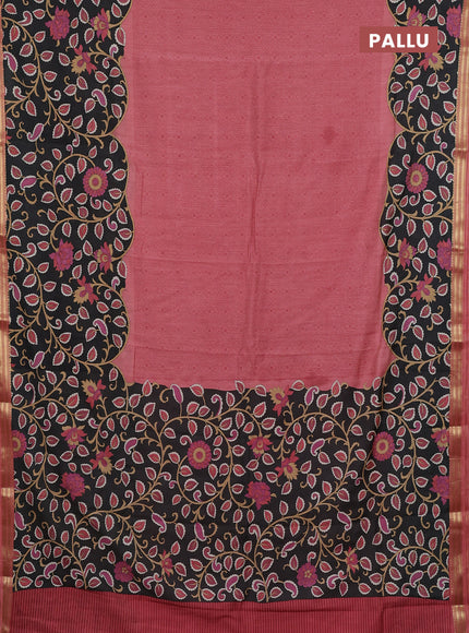 Muslin silk saree peach shade and black with allover prints and long kalamkari printed zari border