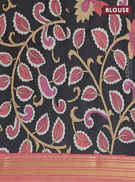 Muslin silk saree peach shade and black with allover prints and long kalamkari printed zari border