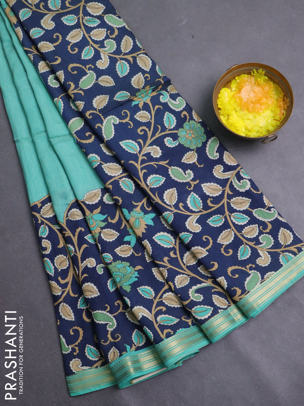 Muslin silk saree teal green shade and navy blue with allover prints and long kalamkari printed zari border