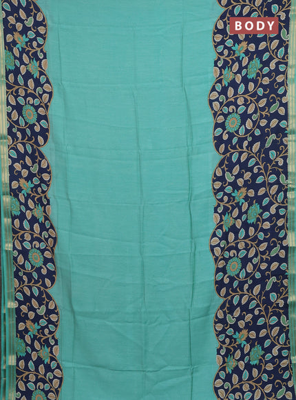 Muslin silk saree teal green shade and navy blue with allover prints and long kalamkari printed zari border