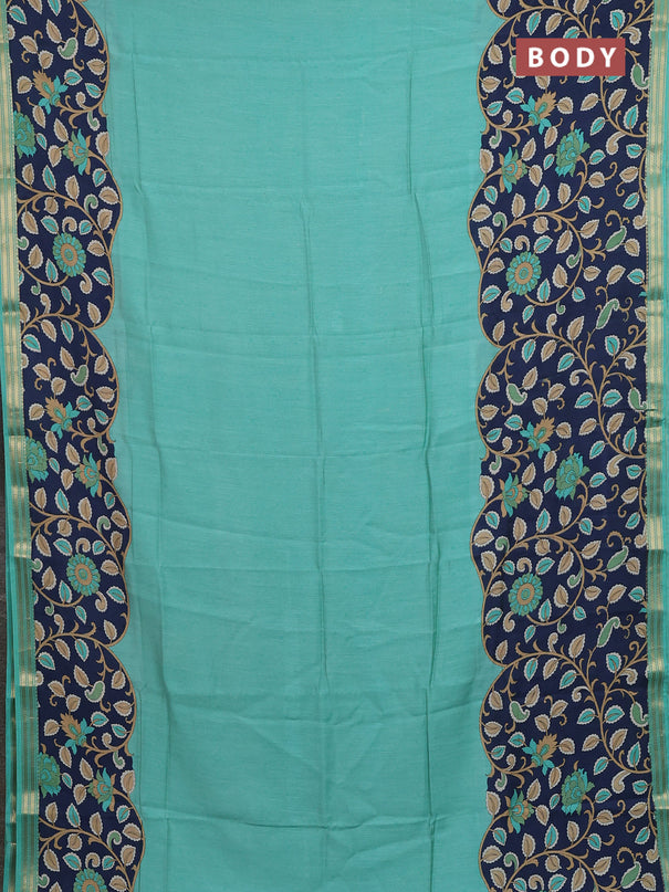 Muslin silk saree teal green shade and navy blue with allover prints and long kalamkari printed zari border