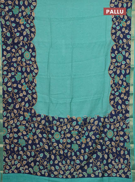Muslin silk saree teal green shade and navy blue with allover prints and long kalamkari printed zari border