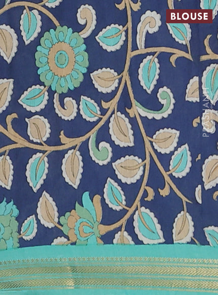 Muslin silk saree teal green shade and navy blue with allover prints and long kalamkari printed zari border