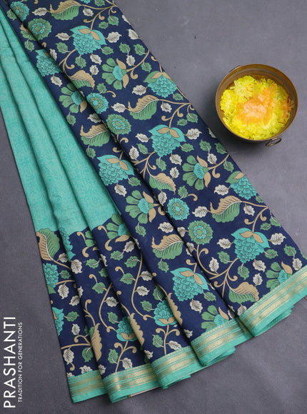 Muslin silk saree teal green shade and navy blue with allover prints and long kalamkari printed zari border