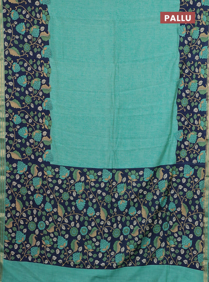 Muslin silk saree teal green shade and navy blue with allover prints and long kalamkari printed zari border