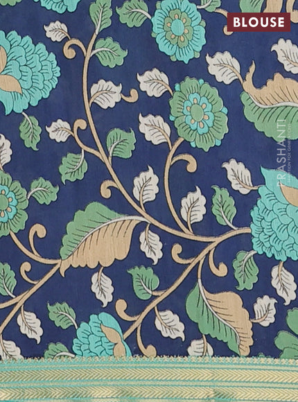 Muslin silk saree teal green shade and navy blue with allover prints and long kalamkari printed zari border