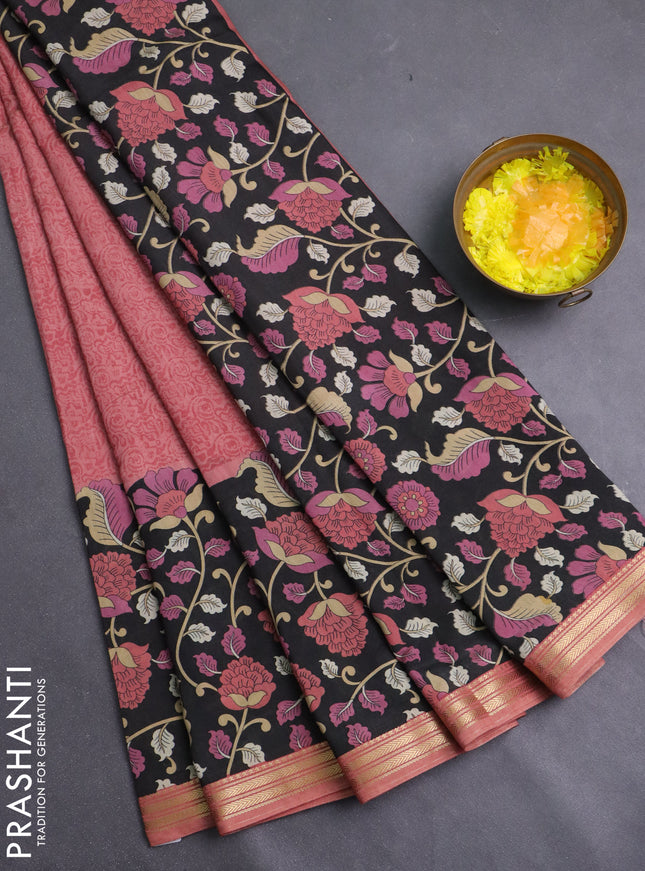 Muslin silk saree dark peach and black with allover prints and long kalamkari printed zari border