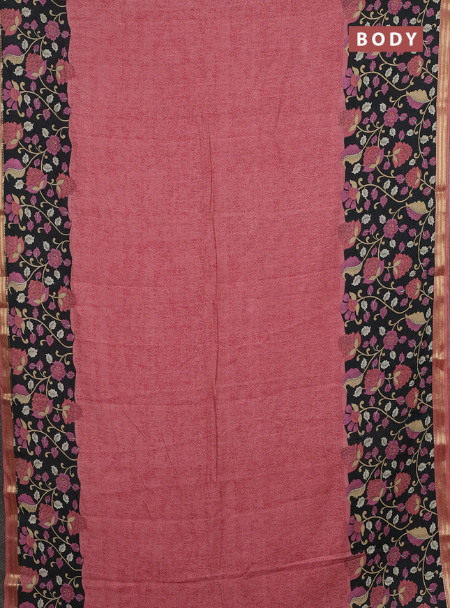 Muslin silk saree dark peach and black with allover prints and long kalamkari printed zari border