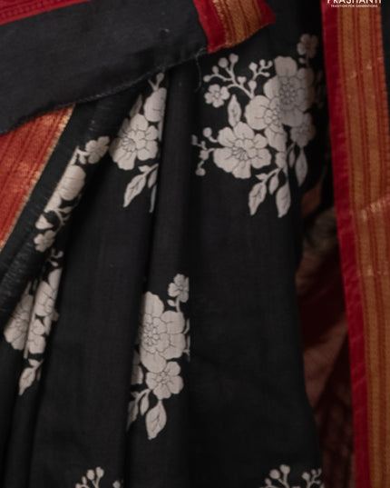 Muslin silk saree black and maroon with floral butta prints and zari woven border