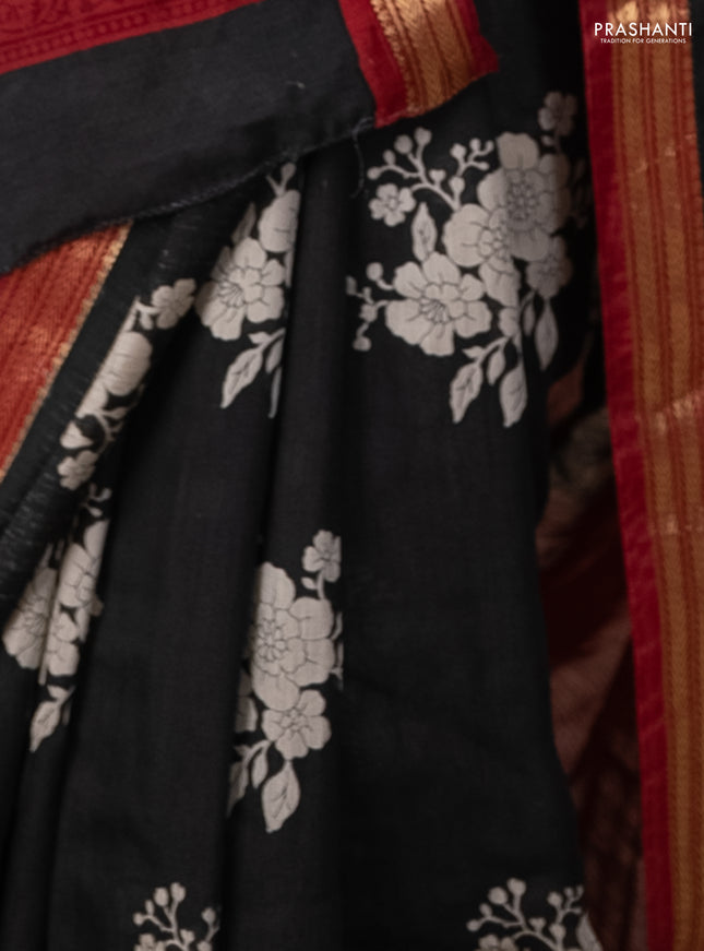 Muslin silk saree black and maroon with floral butta prints and zari woven border